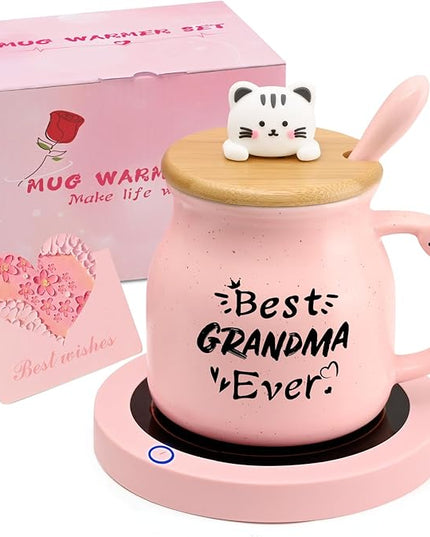 Coffee Mug Warmer, Best Grandma Ever Mug, Cute Cat Mug Set, Coffee Cup Warmer for Desk, Gifts for Grandma, Pink Heated Coffee Warmer for Nana Home Office Christmas Birthday Gifts