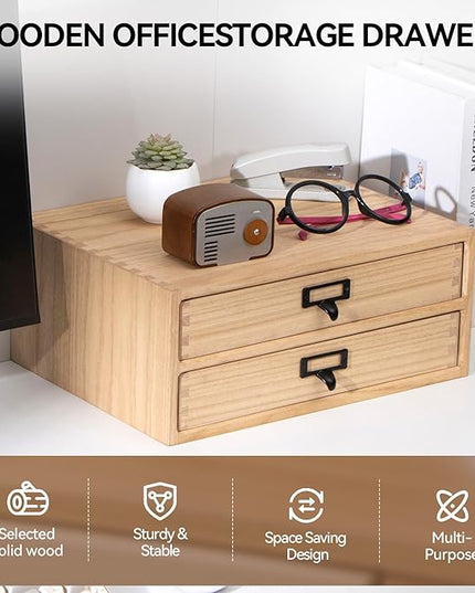 Kirigen Natural Wood Desktop Storage Cabinet -Shallow Type Drawers - Fax Stand with metal handle - Small File organizer Size 13.78"L*10.6"W*5.9"H(NA, 2-Layer &2 Drawers)