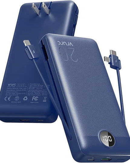 VRURC Portable Charger 20000mAh, Fast Charging Power Bank USB C,4 Output 2 Input Travel Essentials Charging Bank Equipped with LED Display,Built-in Wall Plug and Cables,Phone Charger Battery,Navy