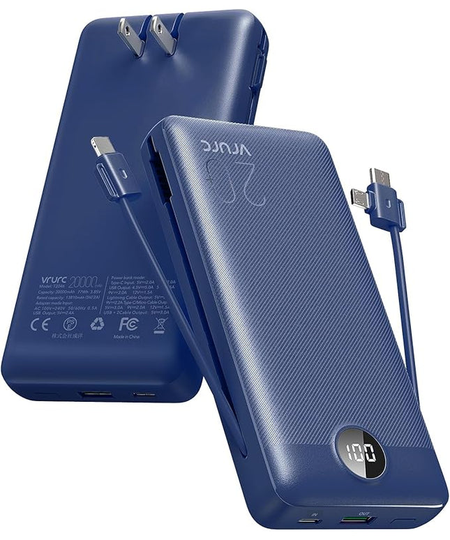 VRURC Portable Charger 20000mAh, Fast Charging Power Bank USB C,4 Output 2 Input Travel Essentials Charging Bank Equipped with LED Display,Built-in Wall Plug and Cables,Phone Charger Battery,Navy
