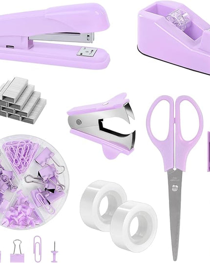 SKYDUE Purple Desk Accessories, Purple Office Supplies Set, Stapler, Tape Dispenser, Scissors, Binder/Paper Clips and 1000pcs Staples,Office Supplies for Women