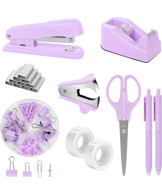 SKYDUE Purple Desk Accessories, Purple Office Supplies Set, Stapler, Tape Dispenser, Scissors, Binder/Paper Clips and 1000pcs Staples,Office Supplies for Women