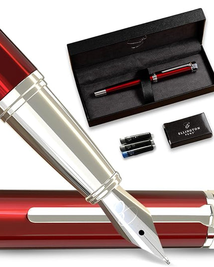 Ellington Pens Luxury Fountain Pen Set - Smooth Fine Nib- Includes 3 Ink Cartridges, Refillable Ink Converter, Gift Box- Fountain Pens For Writing, Calligraphy, Journaling, Sketching (Scarlet Slate)