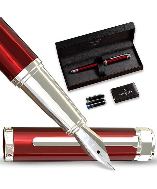 Ellington Pens Luxury Fountain Pen Set - Extra Fine Nib- Includes 3 Ink Cartridges, Refillable Ink Converter, Gift Box- Fountain Pens For Writing, Calligraphy, Journaling, Sketching (Scarlet Slate)