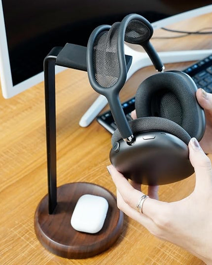 GEVO Headphone Stand for Desk - Walnut Wood & Aluminum Headset Stand, Universal Wooden Gaming Headphone Holder for AirPod Max, Bose, Sony, Razer, Jabra, JBL (Walnut Circular Base)