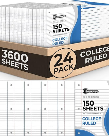 Rosmonde Loose Leaf Paper Bulk, 3600 Sheets, 24 Pack, College Ruled Sheets, 8 x 10.5", 150 Sheets/Pack, 3 Hole Punch, Bulk Notebook Paper, Filler Sheets, Fits Standard Binders, Fights Ink Bleed, White