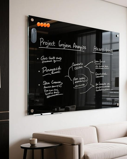 Glass Dry Erase Black Board - Magnetic Blackboard 48"X36" Frameless Whiteboard Clear Glass Boards with Super Strong Magnets, Wall Mounted for Office, Classroom and Home