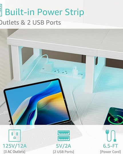 Lufeiya L Shaped Desk with Led Lights and Power Outlets, 47 Inch Writing Study Computer Gaming Desks with Fabric Drawers for Bedroom, Home Office Corner Desk with Monitor Stand Shelves, White