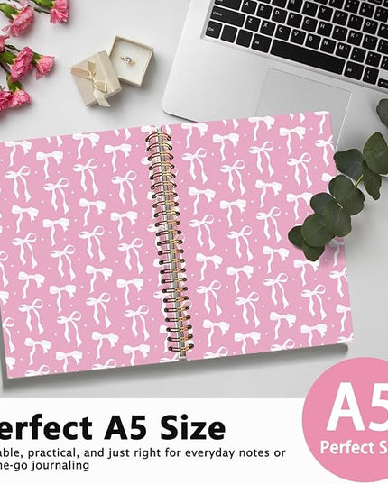 LIANGW Coquette Pink Bow Notebook Journal for Teen Girls & Women, Preppy Cute Journal Gifts for Women, Girly Gifts, Pink Bow Office Supplies, Hardcover Spiral Notebook, 5.5x8.3 Inch