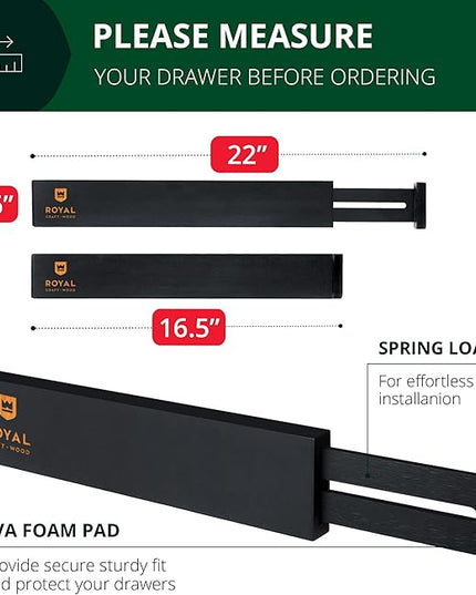 ROYAL CRAFT WOOD Adjustable Bamboo Drawer Dividers – Expandable Organizer for Kitchen, Bedroom, Bathroom, Dresser & Office – 4-Pack 17-22", Black