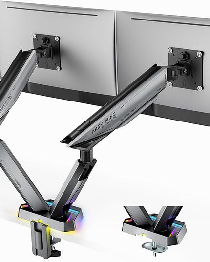 ARES WING RGB Dual Monitor Arm for 17-38" Ultrawide Screens, Holds 35.2lbs, Heavy Duty Dual Monitor Stand for Desk, Adjustable Double Mount with Clamp & Grommet Base, 75/100 VESA Mount, Gray