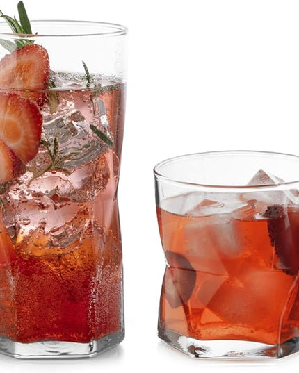 Libbey Rhombus Tumbler and Rocks Drinking Glasses Set of 16, Fun Geometric Glass Cups Set, Kitchen Glasses Set for Cocktails, Water, and Everyday Use