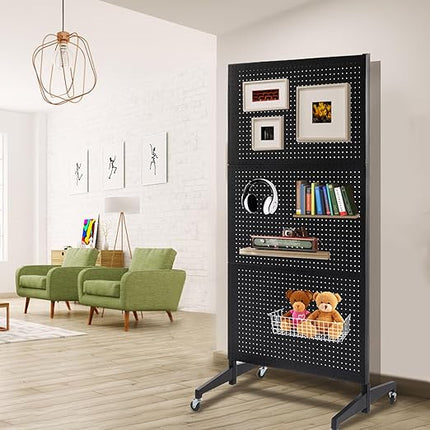 3'x 6' Pegboard Display Stand with T-Base, Metal Peg Board Display Stand with Wheel, Standing Pegboard Display with 20 Pieces Hooks, Black