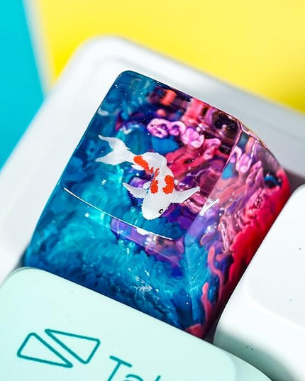 Kohaku Koi Artisan Keycap Blue and Pink Ocean Coral R1 SA Profile Custom Keycaps 1U ESC Handmade Gaming Resin Key Cap Cherry MX Switch Compatible Mechanical Keyboard Koi Lover Gift