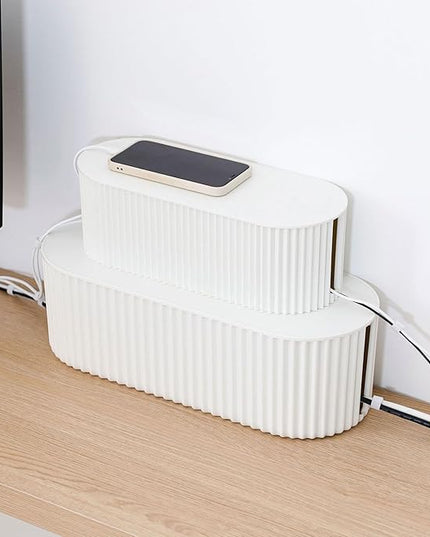 White Cable Management Box, Plastic Cable Box Organizer with Lid for Wire, Power Strip, Surge Protector, Extension Cords Hider Cover Under Home Office Desk and Floor (Large)