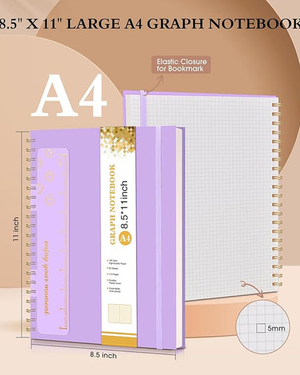 Graph Paper Notebook, Spiral Notebook Journal 8.5” x 11”, A4 Large Grid Notebooks for Women Men, 100 GSM Graph Paper, Plastic Hardcover Spiral Graphing Journals for Work School Engineerin, Purple