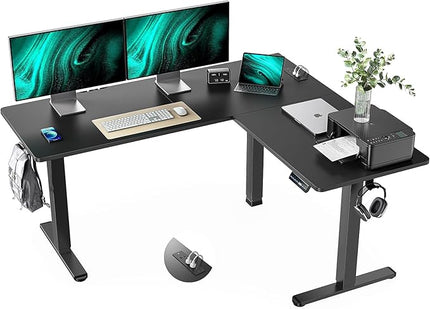 Marsail 63×55 in Electric Corner L-Shaped Standing Desk with 4-in 1 Electical Outlet, Computer Desk with Headphone Hook, Memory Sit Stand up Home Office Table, Ergonomic Gaming Table,Black