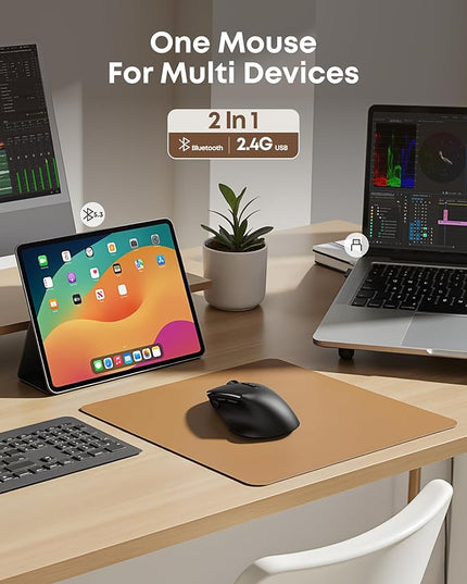 Ergonomic Rechargeable Mouse with Jiggler, Bluetooth+2.4G Wireless+Wired(3 in 1) Connection, Max 4800DPI, Rapid Fire Key, 5ft Charging Cable, Carpal Tunnel Silent Mice with LED for Office,Gaming