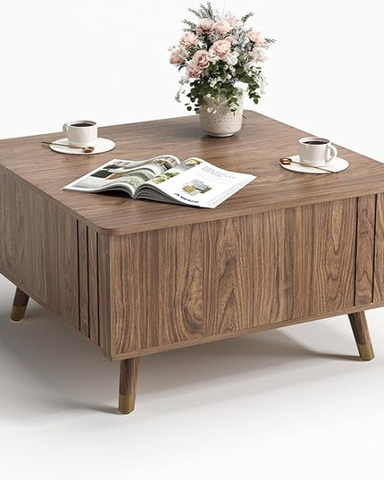 JOINICE 32" Square Lift Top Coffee Table with Storage,Mid Century Modern Walnut Center Table with Rising Desktop for Living Room, Brown Wood Finish