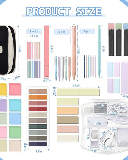 Sinload 60 Pcs Aesthetic Book Annotation Kit School Supplies Cute Pencil Case 12 Highlighter 5 Gel Pen 6 Mechanical Pencil 5 Magnetic Bookmark 1220 Pcs Sticky Note Tab Student Stationary(Black)
