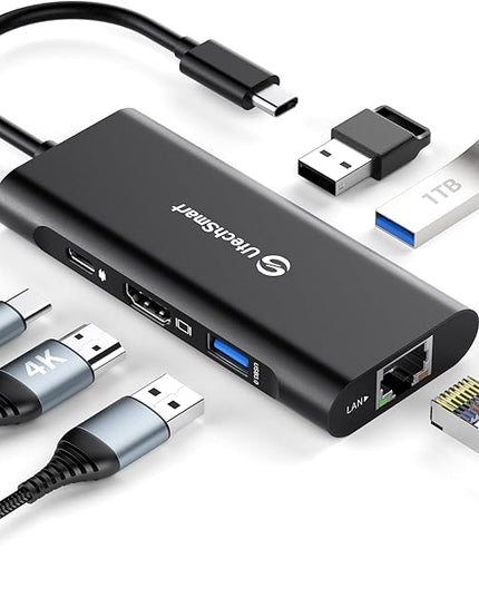 UtechSmart USB C Hub, Ethernet Multiport Adapter 6 in 1 USB C to HDMI Dock Compatible for MacBook Pro/Air, Chromebook, Dell XPS, HP and Type C Devices (Gigabit Ethernet 100W PD 4K HDMI USB 3.0) Black
