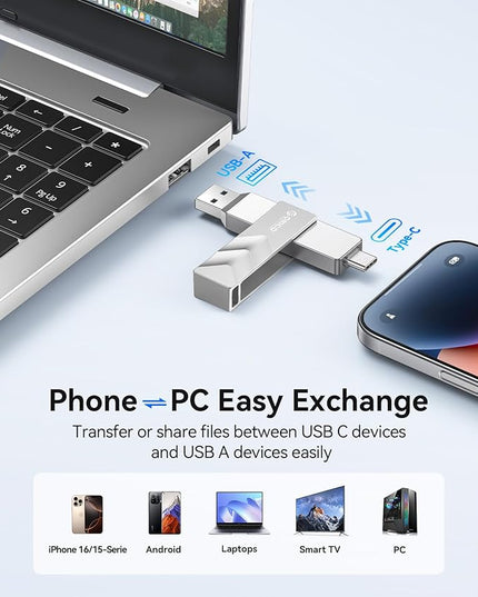ORICO 2TB Portable Solid State Drive, 1050MB/s Dual-Port Rotating Metal External SSD with 90° Click-Stop, Reliable Storage for iPhone 17, 16 Series, Type-C Smartphone, Mac, Audio, Vehicle - A101