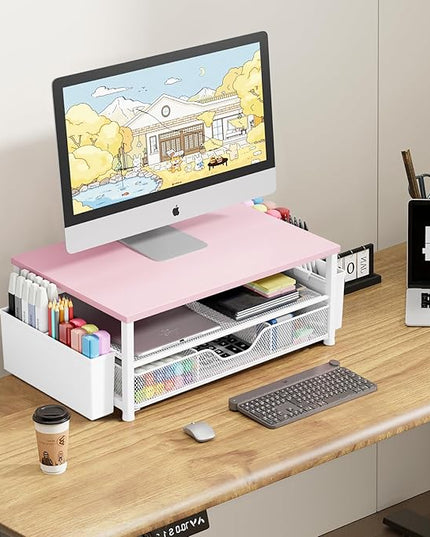 OPNICE Desk Organizers and Accessories, 2-Tier Computer Monitor Stand Riser with Drawer and 2 Pen Holders, Laptop Stand, Office Desk Accessories for Office Supplies, Pink Wood