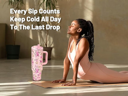Zukro 50 oz Tumbler With Handle and Flip Straw, Leak Proof Lid, Insulated Stainless Steel Reusable Gym Water Bottle, Large Travel Cup Fit in Cupholder, BPA-Free, Gift for Women Her, Floral