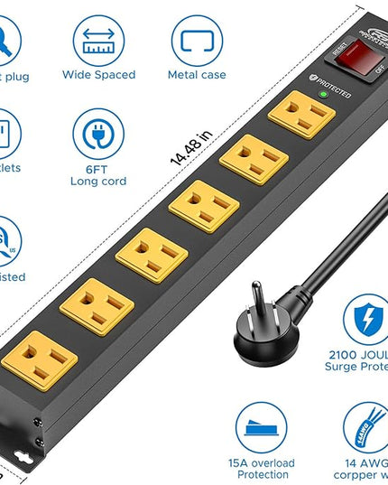 CRST 6 Outlet Surge Protector Power Strip 2100J with Switch, 15A/1875W Metal Heavy Duty Power Strip, Wide Spaced Wall Mount Power Bar for Garage Worshop Home School, 6 FT Cord（ Black+Yellow）