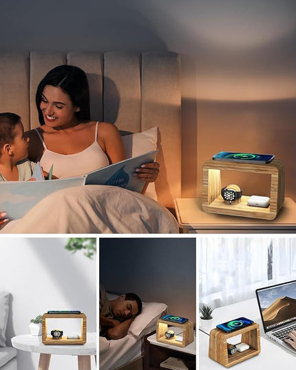 Bamboo Wireless Charging Station 4-in-1 Wireless Charger with Nightlght, Compatible with iPhone 17/16/15/14/13/12 Pro Max/X/Xs Max/8, AirPods 4/3/ & AirPods Pro3/2/1, Apple Watch Series