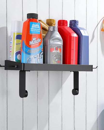 YIGII Garage Paper Towel Holder with Shelf - Wall Mount Papertowel Holder with 4 Hooks, Single-Hand Tear Paper Towel Rack Heavy Duty Tissue Holder for Clean Station, Craft Room, Workbench (Black)