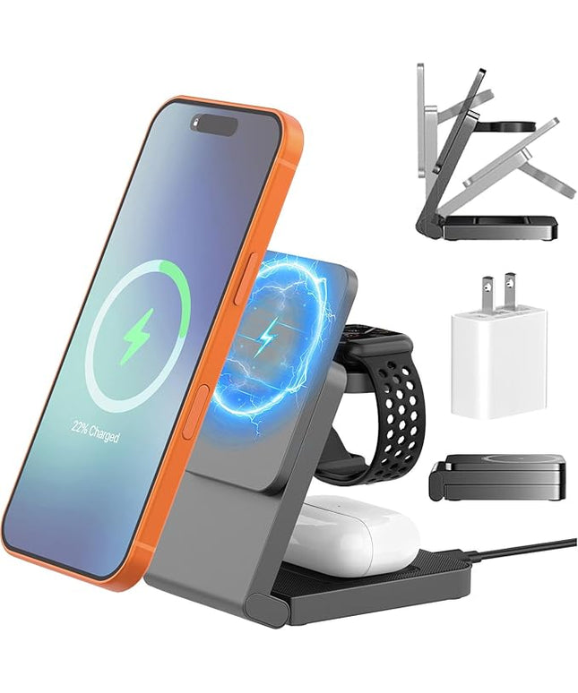 Wireless Charger iPhone Magnetic Charger Station 3 in 1 Charging Station Foldable Magsafe Charger Stand for iPhone 17 16 15 14 13 12 for Apple Watch 10 9 8 7 6 5 4 3 2 SE Ultra for AirPods 4 3 Pro