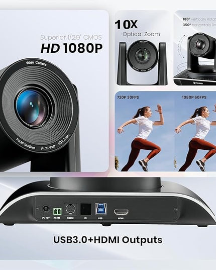 TONGVEO 10x Zoom Conference Room Video Camera System, All-in-One HD 1080P 60fps 10X Optical Zoom USB3.0 HDMI PTZ Camera and Bluetooth Conference Speaker with Microphones Bundle for Medium Room