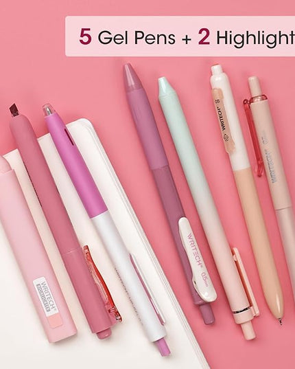 WRITECH Gel Pens Journaling Highlighters: Journal Set Aesthetic Assorted Pastel Color Ink 0.5mm Fine Point Retractable 0.7mm Black Pen Smooth Writing Drawing No Bleed 7ct (Pink)