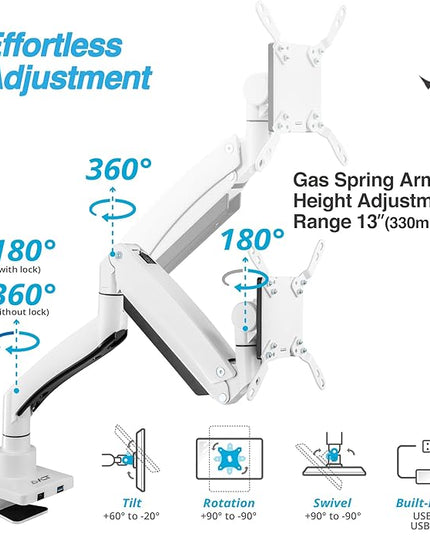 AVLT Single 17"-57" Super Ultrawide Monitor Arm for Screens Up to 59.5 lbs, Premium Aluminum Desk Stand, Adjustable Pneumatic Height, Full Motion Swivel Tilt Rotation, USB-C & USB-A Ports, White