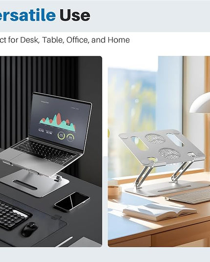 Adjustable Laptop Cooling Stand with 2 Quiet Fans & RGB Lighting, Aluminum Alloy & Foldable Ergonomic Design for MacBook, Lenovo, ASUS, Dell 10-16 Inch, Perfect for Gaming, DJ, Office - Silver