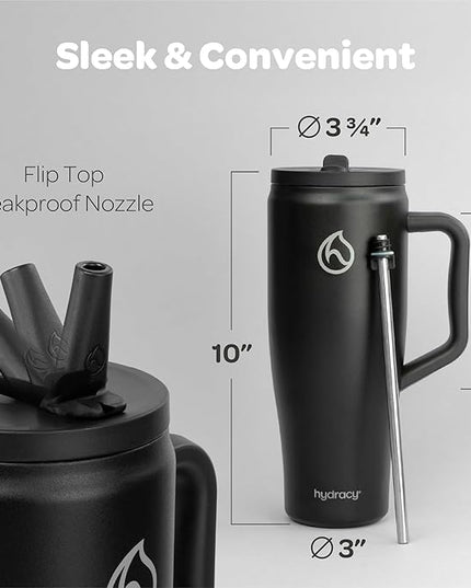 Hydracy 40 oz Tumbler with Handle and Straw, Stainless Steel Insulated Travel Cup with No Spill Rotatable Flip Lid for Left or Right Hand Use, Rubber Base, Fits in Cup Holder - Sexy Black