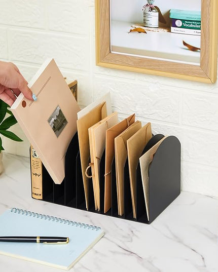 Suzile Metal Desktop File Organizer, 10 Compartments, Vertical File Sorter, Black, 10.63 L x 5.79 W x 5.41 H, Office, Reception Areas, Workspace