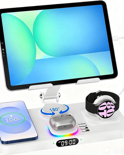 30W Tablet Wireless Charger for Samsung, Foldable Android Charging Station with Clock Display with 7-Color Light, Wireless Watch Charger for S25, Only Compatible Samsung Watch, Galaxy Buds3 Pro(White