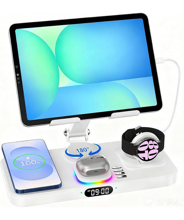 30W Tablet Wireless Charger for Samsung, Foldable Android Charging Station with Clock Display with 7-Color Light, Wireless Watch Charger for S25, Only Compatible Samsung Watch, Galaxy Buds3 Pro(White
