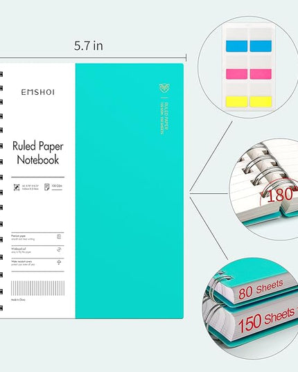 EMSHOI A5 Spiral Notebook College Ruled Lined Journal, Small 5.7" X 8.22", 300 Pages/150 Sheets, 100gsm Thick Paper, Waterproof Hardcover, for Office School Women Men Work Writing Notes-LightBlue