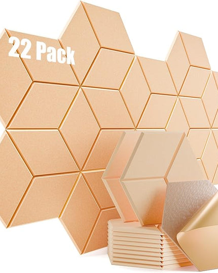22 Pack Self-Adhesive Acoustic Panels 12" X 10" X 0.4" - Sound Proof Foam Panels with High Density, Y-Lined Design, Flame Resistant, Absorb Noise and Eliminate Echoes(Light Apricot)