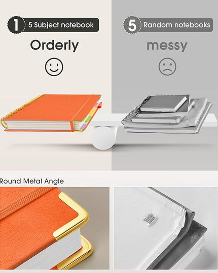 Hardcover Spiral Notebook Journal with Removable Dividers Tabs, 300 Pages Leather 5 Subject Notebook College Ruled, 8"x10" Large Notebooks for Work School Note taking, Lined Journal for Women, Orange