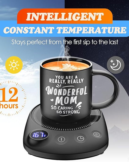 KitchekShop Coffee Mug Warmer - Fastest Heating & Highest Temperature, Coffee Cup Warmer for Desk Auto Shut Off, 4 Temp Settings & 1-12H Timer, Smart Electric Beverage Warmer for Coffee (Glossy Black)