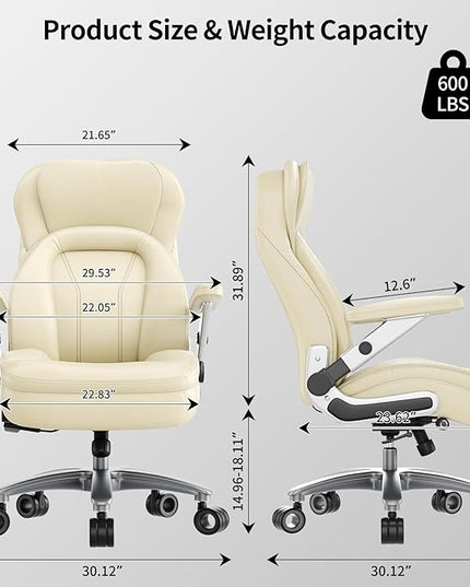 Big and Tall Office Chair, 600lbs Heavy Duty Desk Chair with 5D Arms, Adjustable Lumbar Support & Height, Tilt Function, PU Leather High Back Ergonomic Executive Computer Chair with 3'' Silent Casters