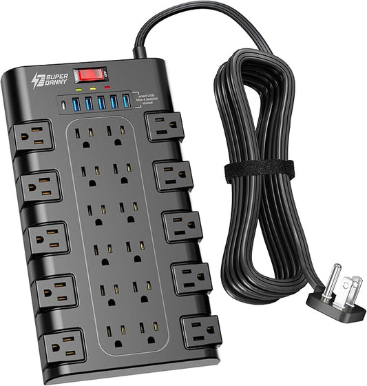 Flat Plug Power Strip 10Ft, SUPERDANNY Surge Protector with 22 AC Outlets and 6 USB Charging Ports, 1875W/15A, 2100 Joules, Heavy Duty Extension Cord 10 ft for Home, Office, Dorm, Gaming Room, Black