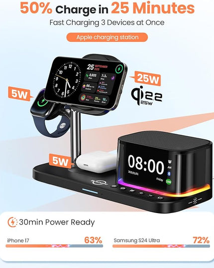 6-in-1 Wireless Charging Station for Multiple Apple Devices with Bluetooth Speakers Alarm Clock Night Light, Qi2.2 Phone Charger Stand for iPhone 17/16/15/14/13/12 Pro Max Apple Watch Airpods