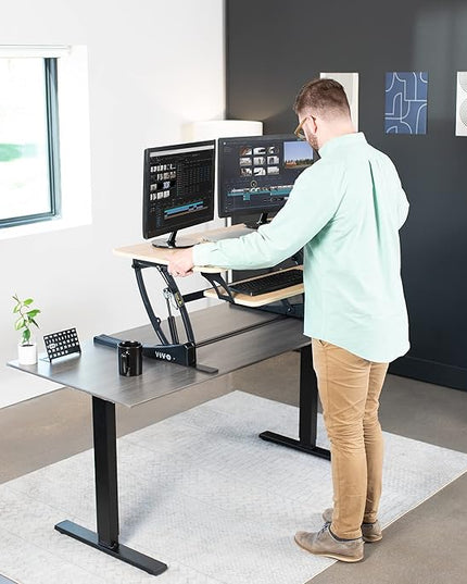 VIVO 42 inch Height Adjustable Stand Up Desk Converter, V Series, Quick Sit to Stand Tabletop Dual Monitor Riser Workstation, Light Wood Top, Black Frame, DESK-V000VLO