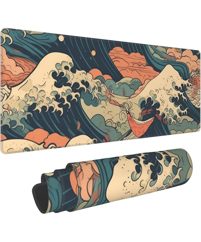 Vintage Japanese Wave Gaming Mouse Pad XL, Large Non Slip Rubber Mousepad, Stitched Edges Mouse Pads, Long Extended Mouse Pad,31.5'' X 11.8''