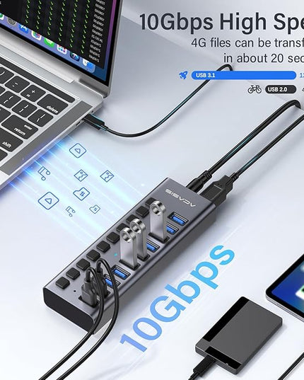 Powered USB 3.2 Hub, ACASIS 10 Ports USB 3.2 Hub with 10Gbps Data Speed, Aluminum Housing, USB Hub Powered with 48W Power Adapter, USB Hub for PC/Laptop, Computer, Flash Drive, Printer, Camera